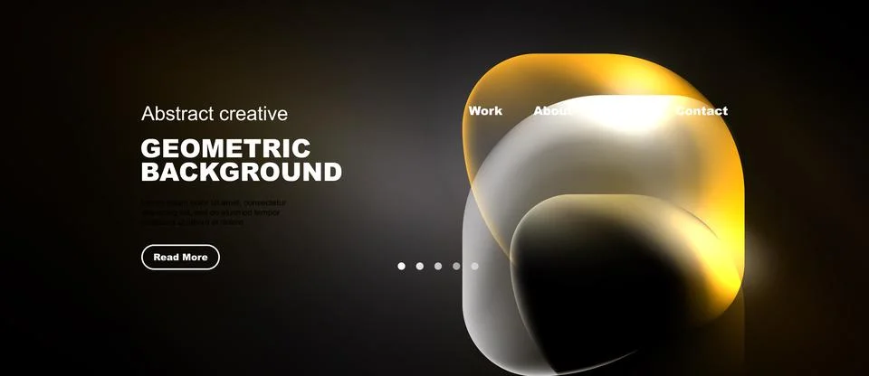 Dark background features abstract shapes, text elements, navigation options. Illustrazione stock