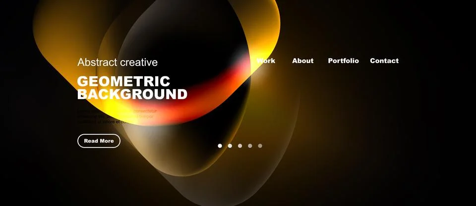 Dark background features abstract shapes, text elements, navigation menu. M.. Stock Illustration