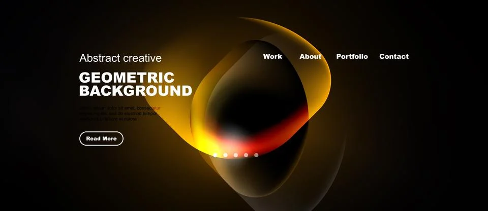 Dark background features abstract shapes, warm colors. Website header include Stock Illustration