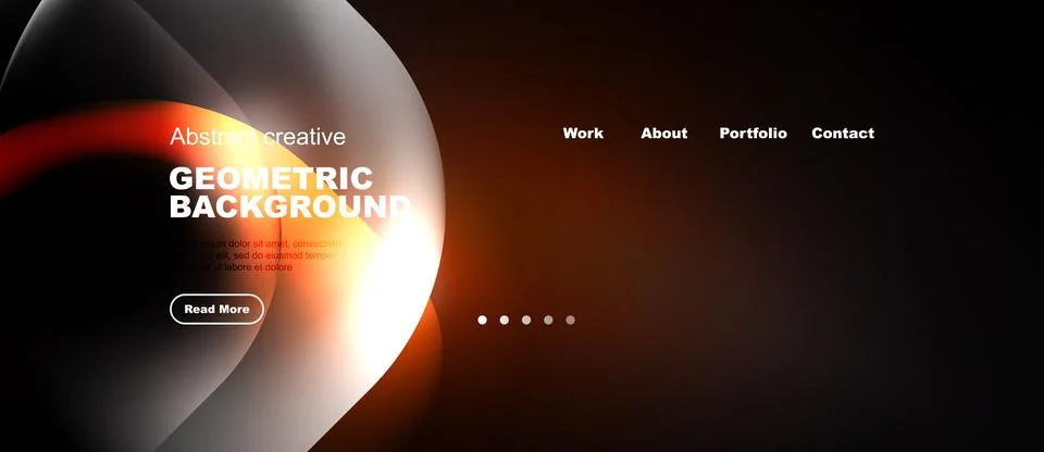 Dark background features abstract shapes, text elements, navigation menu. M.. Stock Illustration