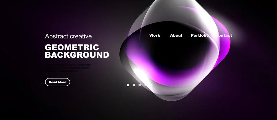 Dark background features abstract shapes, vibrant colors, text elements. Mode Illustrazione stock