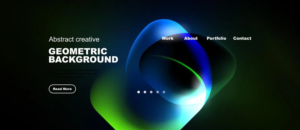 Dark background features abstract shapes, text elements, navigation menu. M.. Illustrazione stock