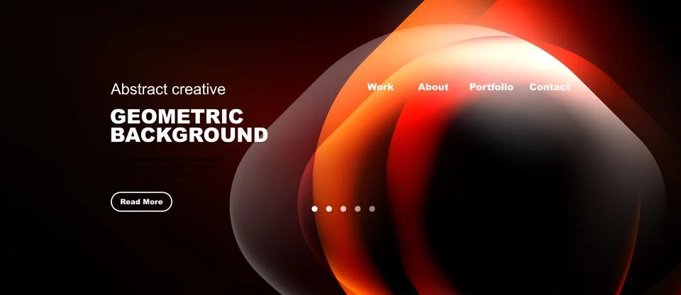 Dark background features abstract shapes, vibrant orange gradients. Website Illustrazione stock