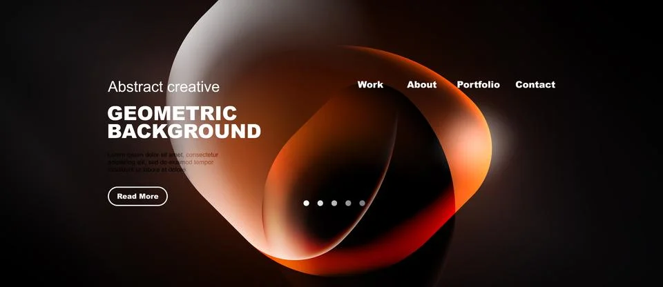 Dark background features abstract shapes, text elements, navigation menu. M.. Stock Illustration