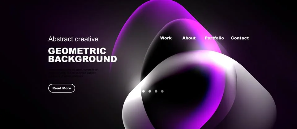 Dark background features abstract shapes, text elements, navigation menu. M.. Stock Illustration