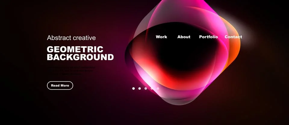 Dark background features abstract shapes, text elements, navigation menu. M.. Stock Illustration