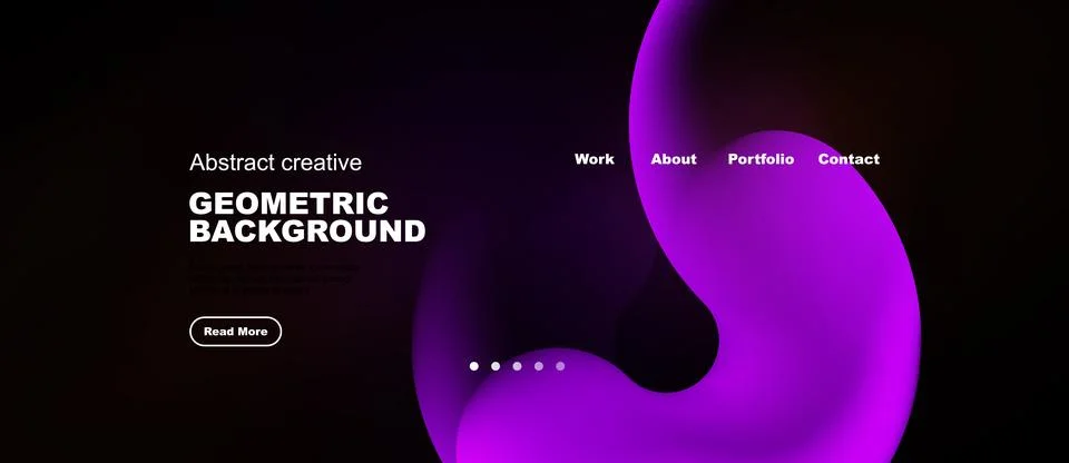 Dark background features abstract shapes, text elements, navigation menu. M.. Stock Illustration