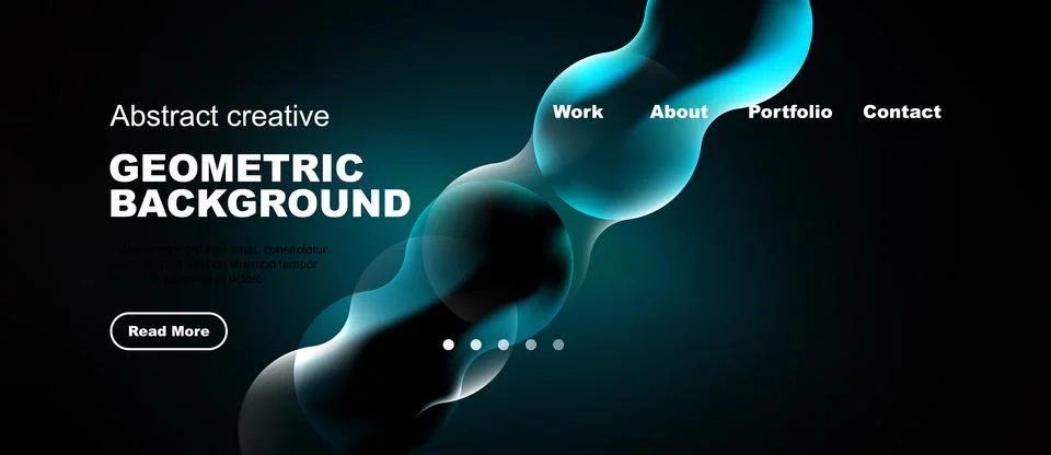 Dark background features abstract shapes, text elements, navigation menu. M.. Illustrazione stock