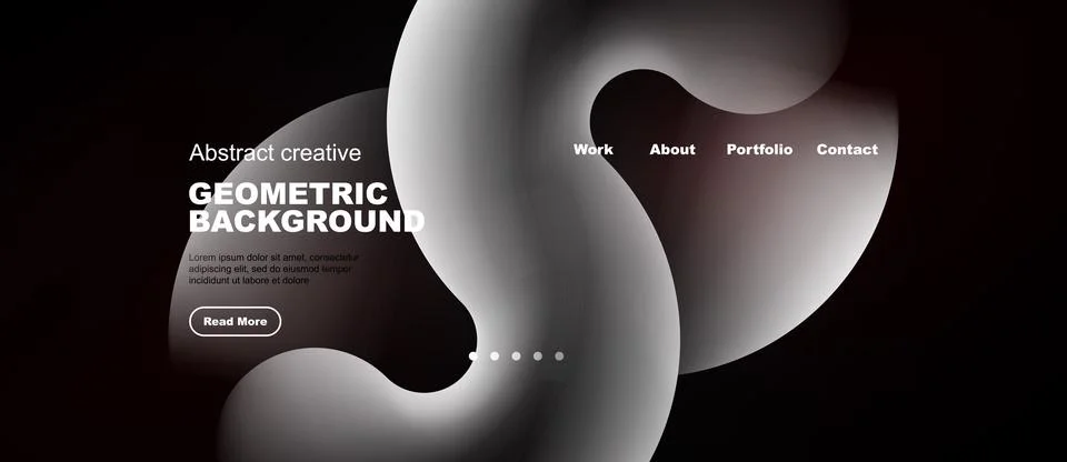 Dark background features abstract shapes, text elements, navigation menu. Illustrazione stock