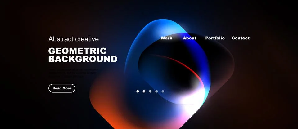 Dark background features abstract shapes, text elements, navigation menu. M.. Stock Illustration