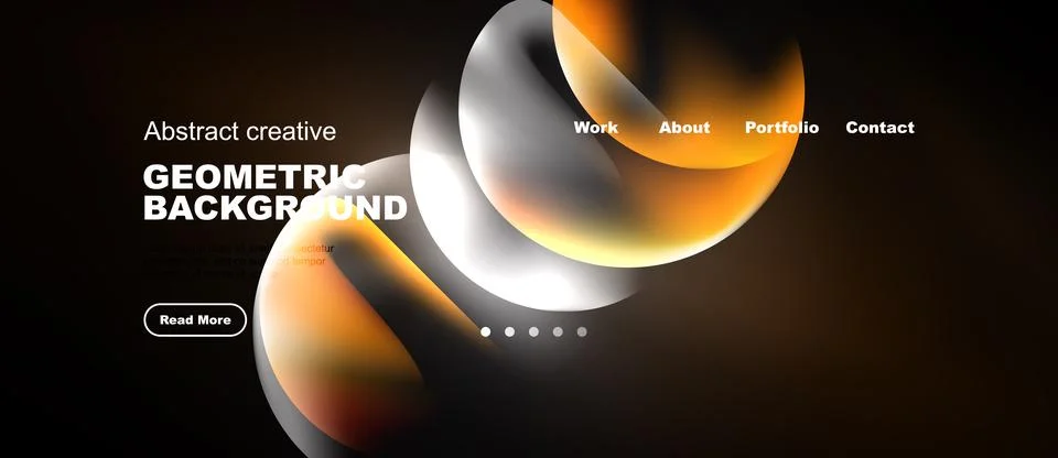 Dark background features abstract shapes, text elements, navigation menu. O.. Stock Illustration