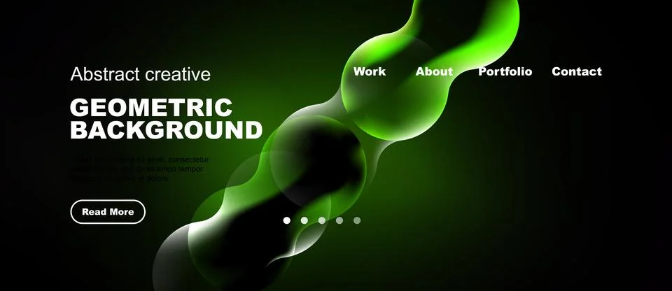 Dark background features abstract shapes, text elements, navigation menu. M.. Illustrazione stock