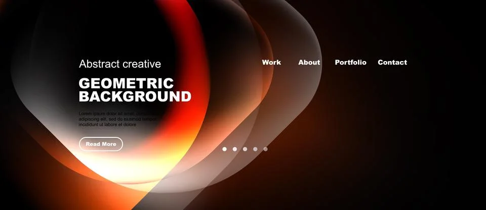 Dark background features abstract shapes, text elements, navigation menu. War Illustrazione stock
