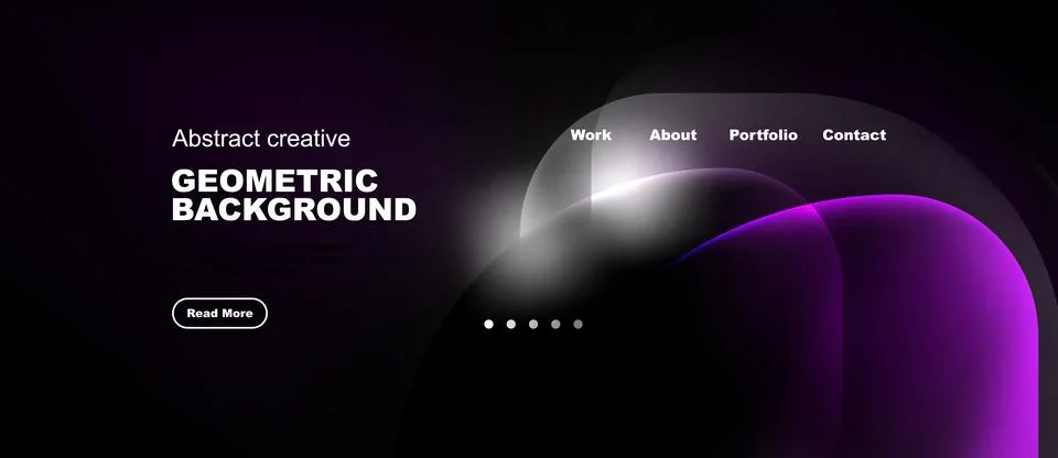 Dark background features abstract shapes, text elements, navigation menu. M.. Illustrazione stock
