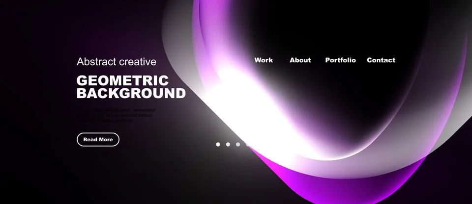 Dark background features abstract shapes, text elements, navigation menu. M.. Illustrazione stock