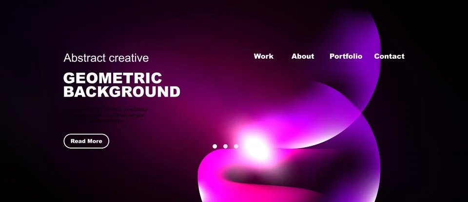 Dark background features abstract shapes, text elements, navigation menu. M.. Stock Illustration
