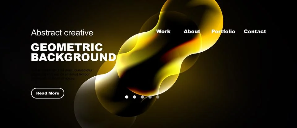 Dark background features abstract shapes, text elements, navigation menu. M.. Stock Illustration