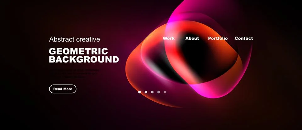 Dark background features abstract shapes, text, navigation menu. Design pro.. Stock Illustration