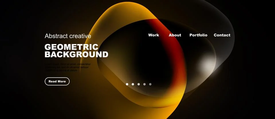Dark background features abstract shapes, text elements, navigation menu. M.. Stock Illustration
