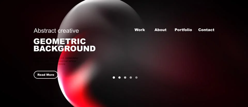 Dark background features abstract shapes, text elements, navigation menu. M.. Stock Illustration