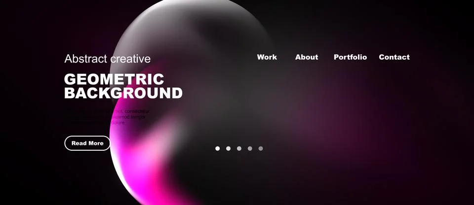 Dark background features abstract shapes, text elements, navigation menu. M.. Stock Illustration