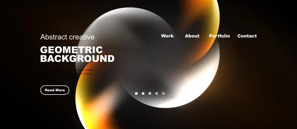 Dark background features abstract shapes, text elements, navigation menu. M.. Stock Illustration