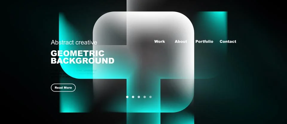 Dark background features abstract shapes, text elements, navigation options. Stock Illustration