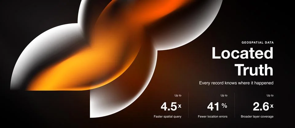Dark background features abstract shapes, text promoting geospatial data Stock Illustration
