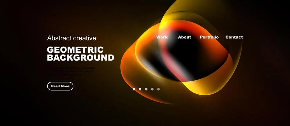 Dark background features abstract shapes, text elements, navigation options. Stock Illustration