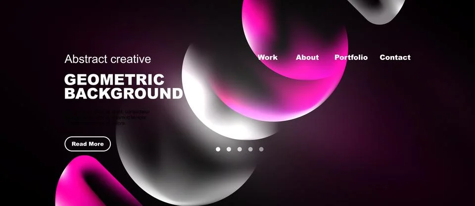 Dark background features abstract shapes, text elements, navigation menu. M.. Stockillustratie