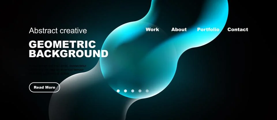 Dark background features abstract shapes, text, navigation menu. Modern desig 스톡 일러스트