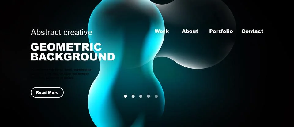 Dark background features abstract shapes, vibrant blue hues, text elements, Stock Illustration