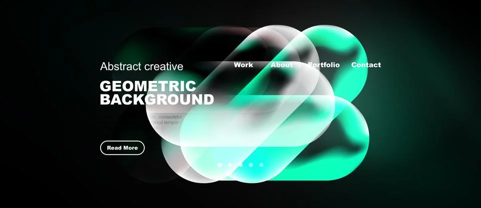 Dark background features abstract shapes, text elements, navigation menu. M.. Иллюстрация