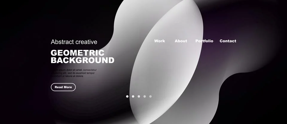 Dark background features abstract shapes, text elements, navigation menu. Stock Illustration