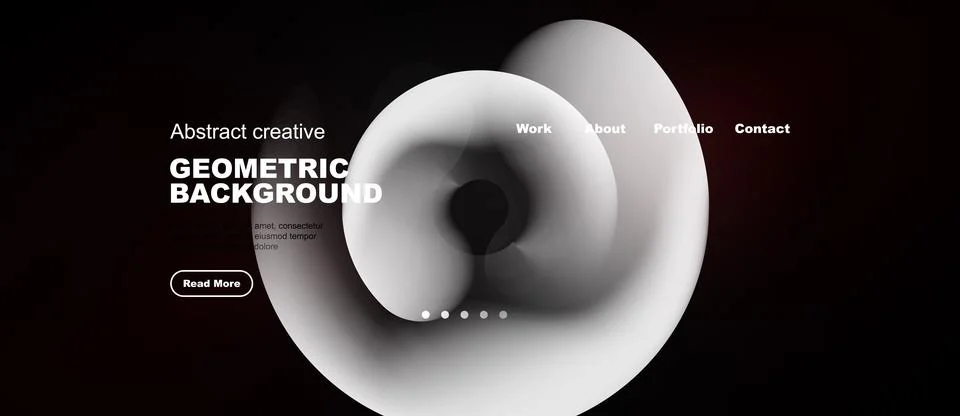 Dark background features abstract white shapes, text elements, navigation men Stock Illustration