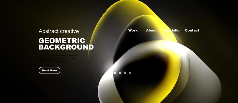 Dark background features abstract yellow shapes, text elements, navigation .. Illustrazione stock