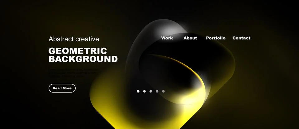 Dark background features abstract yellow shapes, text elements, navigation .. Stock Illustration