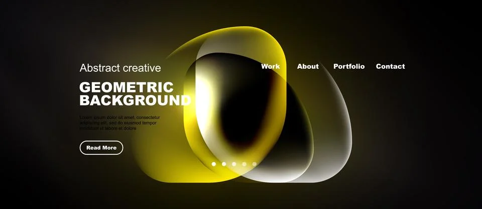 Dark background features abstract yellow shapes, text elements, navigation .. Illustrazione stock