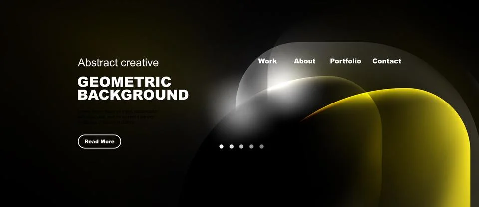 Dark background features abstract yellow shapes, text elements, navigation .. Stock Illustration