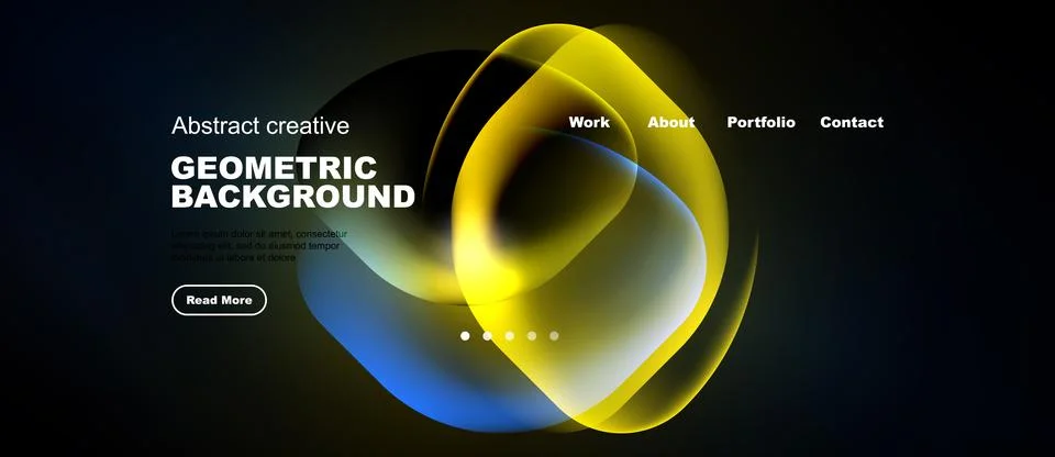Dark background features abstract yellow shapes, text elements, navigation .. Stock Illustration