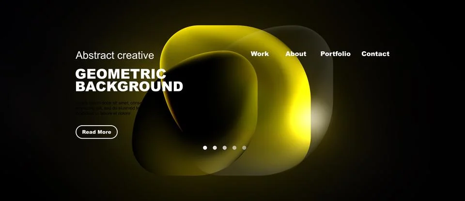 Dark background features abstract yellow shapes. Website navigation includes Stockillustratie