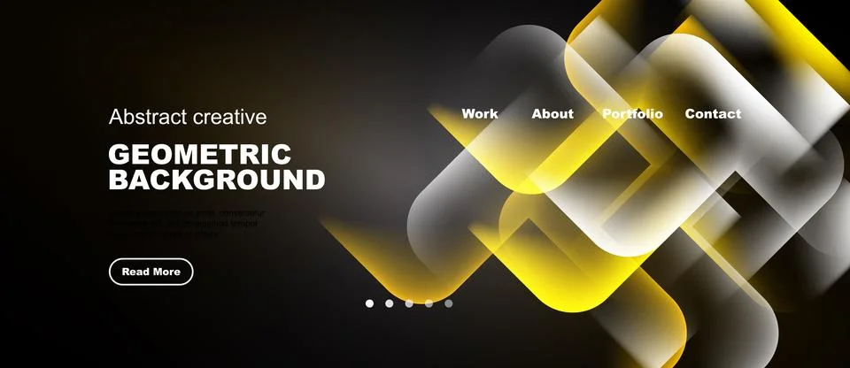 Dark background features abstract yellow shapes, text elements, navigation .. 库存插图