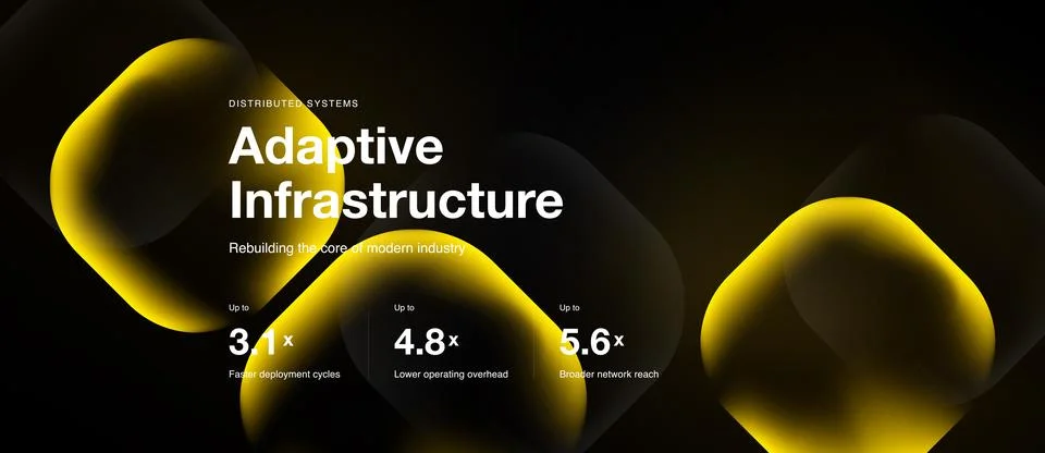 Dark background features abstract yellow shapes. Text highlights adaptive Stock Illustration