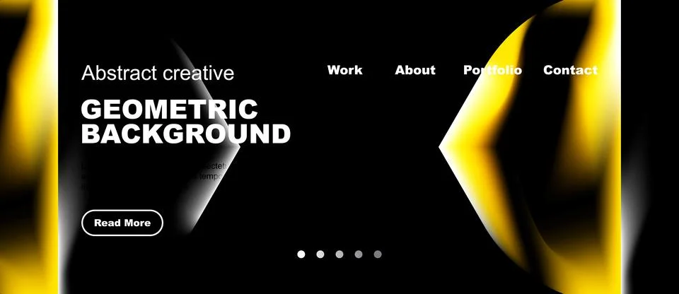 Dark background features bright geometric shapes, text, navigation menu. Illustrazione stock