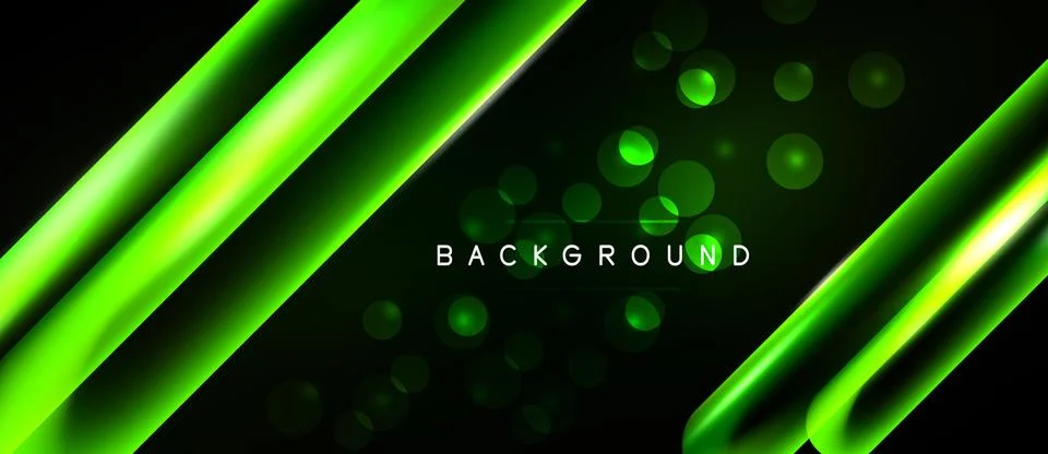 Dark background features bright green diagonal lines, glowing circles. Modern Stock Illustration