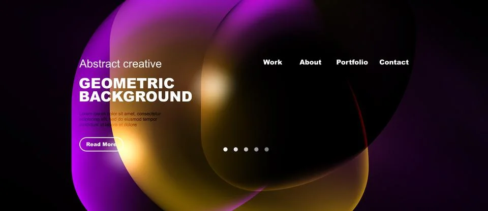 Dark background features colorful abstract shapes, text elements, navigation Stock Illustration