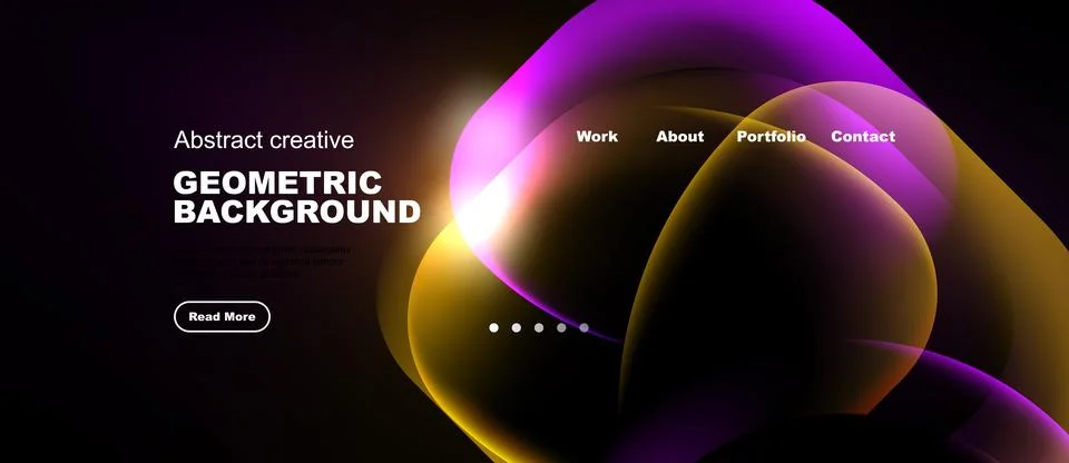 Dark background features colorful abstract shapes, text elements, navigation Stock Illustration
