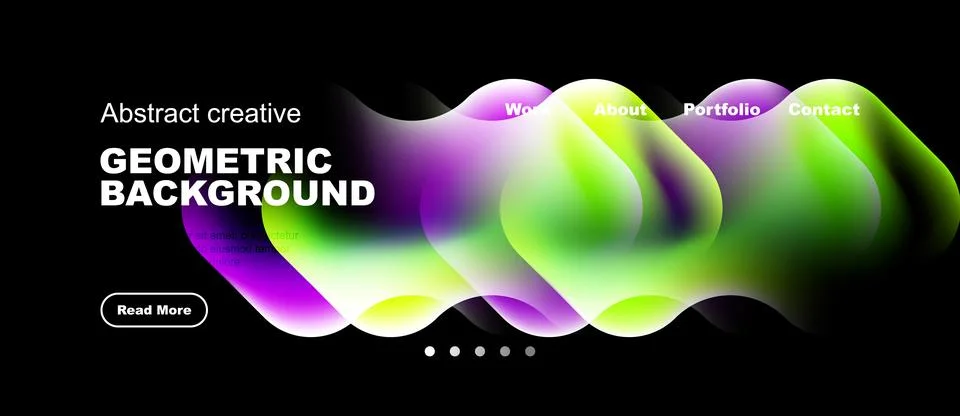 Dark background features colorful abstract shapes, website navigation, plus.. Stock Illustration