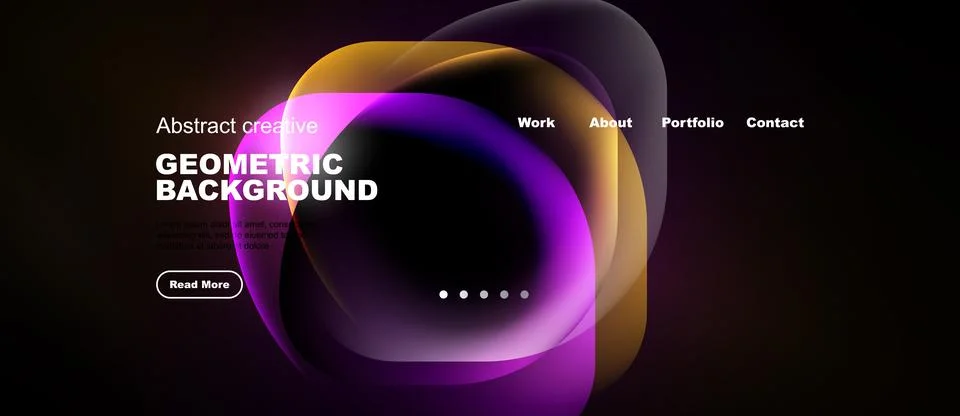 Dark background features colorful abstract shapes, text elements, navigation Stock Illustration