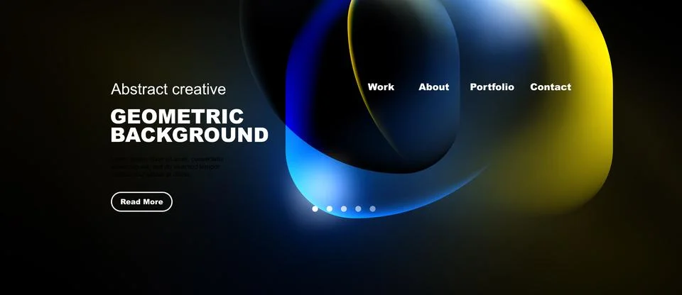 Dark background features colorful abstract shapes, text elements, navigation Stock Illustration